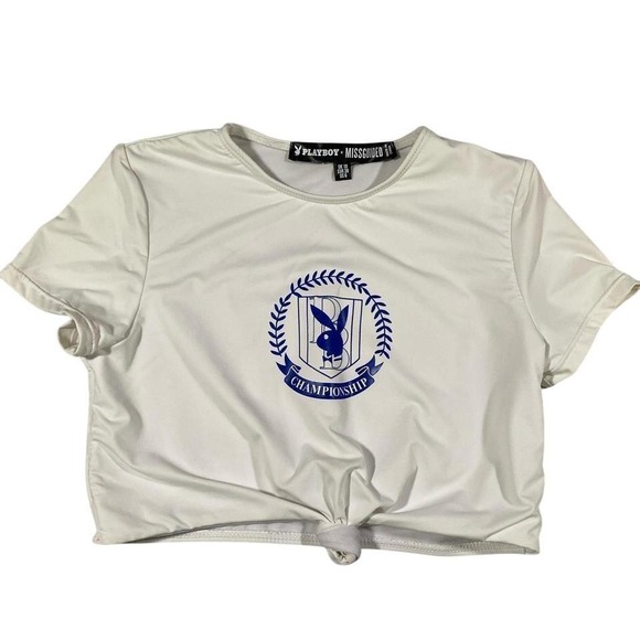 PLAYBOY Tops - PLAYBOY Navy White Crop Swim Top Tie Front Graphic Logo Short Sleeve Women's